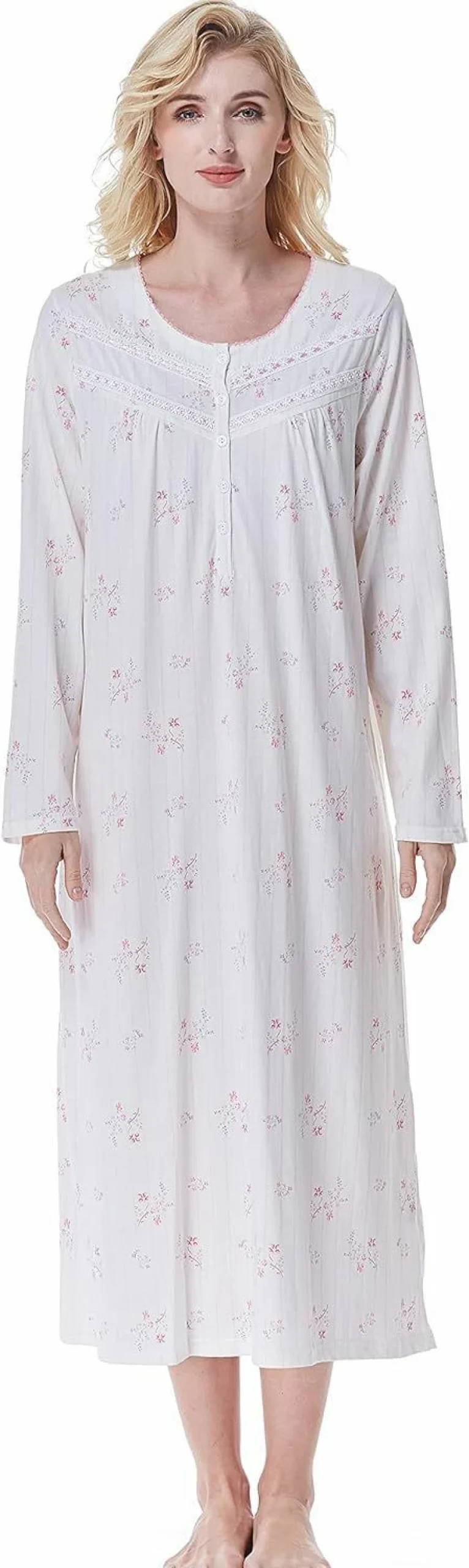 Keyocean Women's 100% Cotton Long Sleeve Nightgown - Lightweight Comfortable Elegant Sleep Dress for Ladies