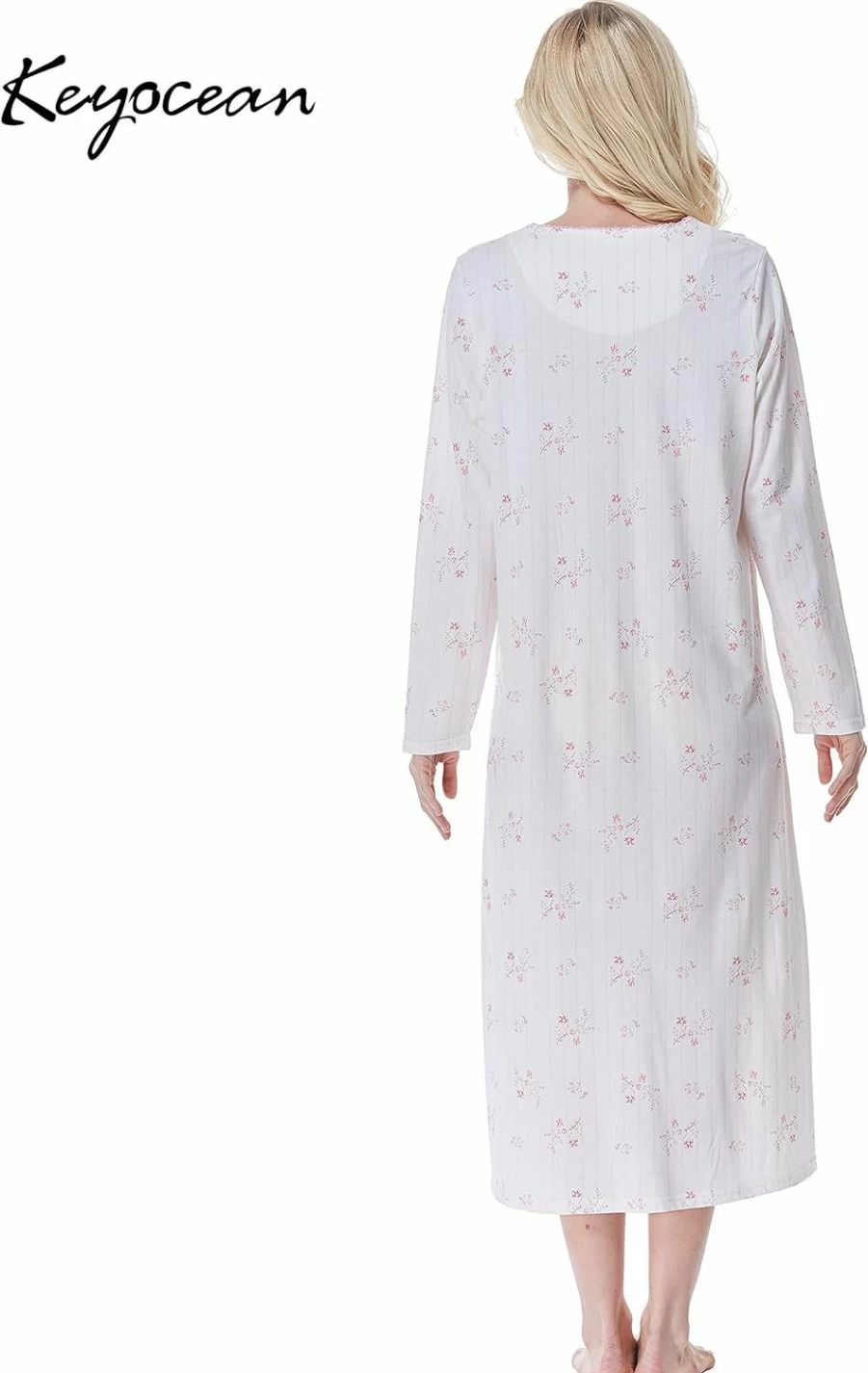 Keyocean Women's 100% Cotton Long Sleeve Nightgown - Lightweight Comfortable Elegant Sleep Dress for Ladies