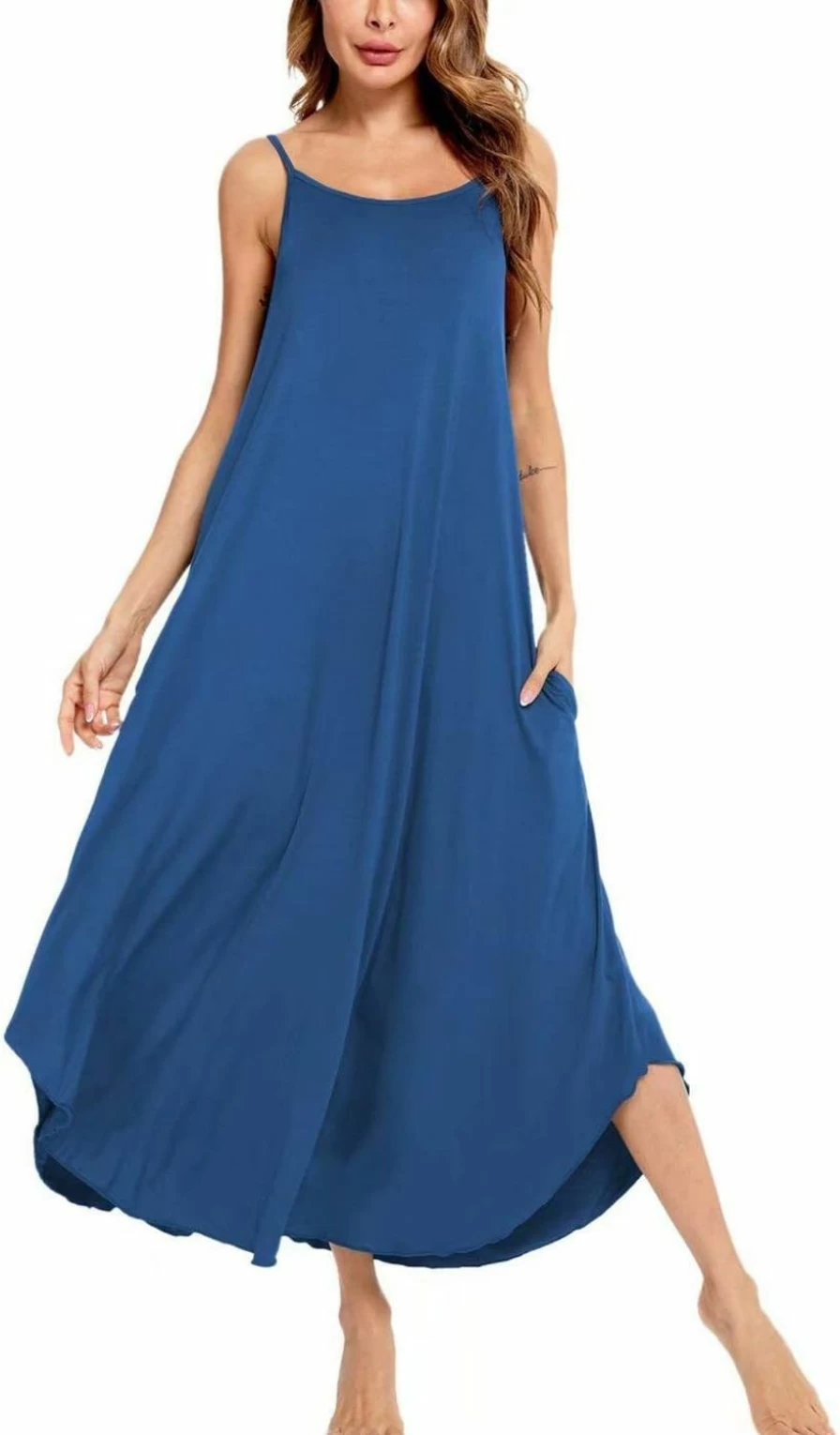 SWOMOG Women's Summer Sleeveless Nightgown with Pockets - Soft Strap Lounge Dress for Comfortable Sleep & Relaxation