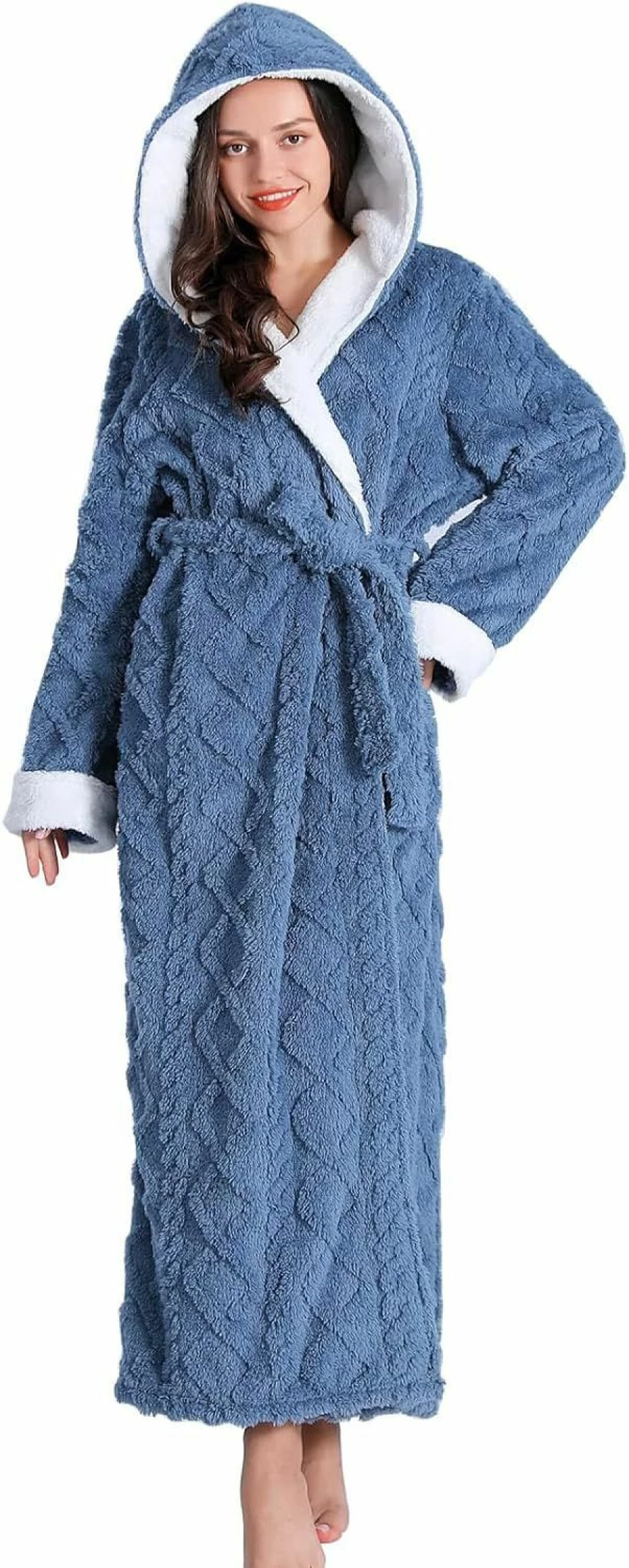 Skilydia Women's Sherpa Trim Fleece Hooded Robe - Plush Soft Warm Winter Bathrobe Long Cozy Loungewear