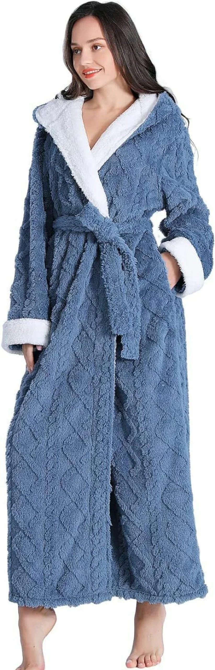 Skilydia Women's Sherpa Trim Fleece Hooded Robe - Plush Soft Warm Winter Bathrobe Long Cozy Loungewear