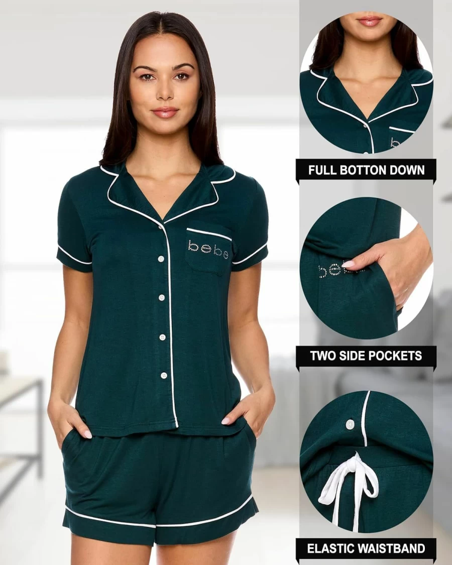Bebe Women's Button-Down Pajama Set - Short Sleeve Shirt & Lounge Shorts for Sleepwear & Comfort