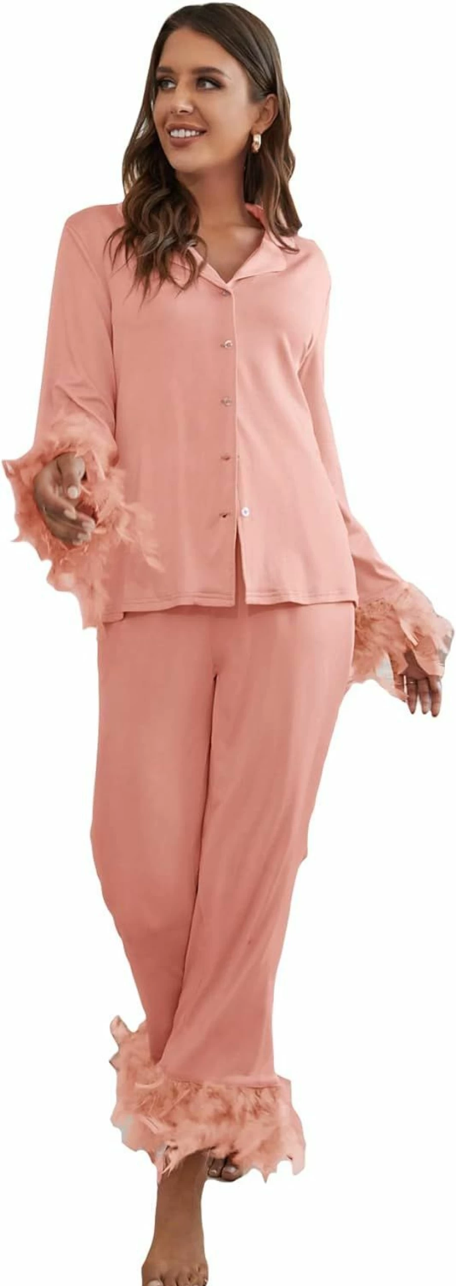 WDIRARA Women's 2-Piece Flannel Pajama Set Long Sleeve Button-Down Top & Pants Soft Sleepwear Loungewear