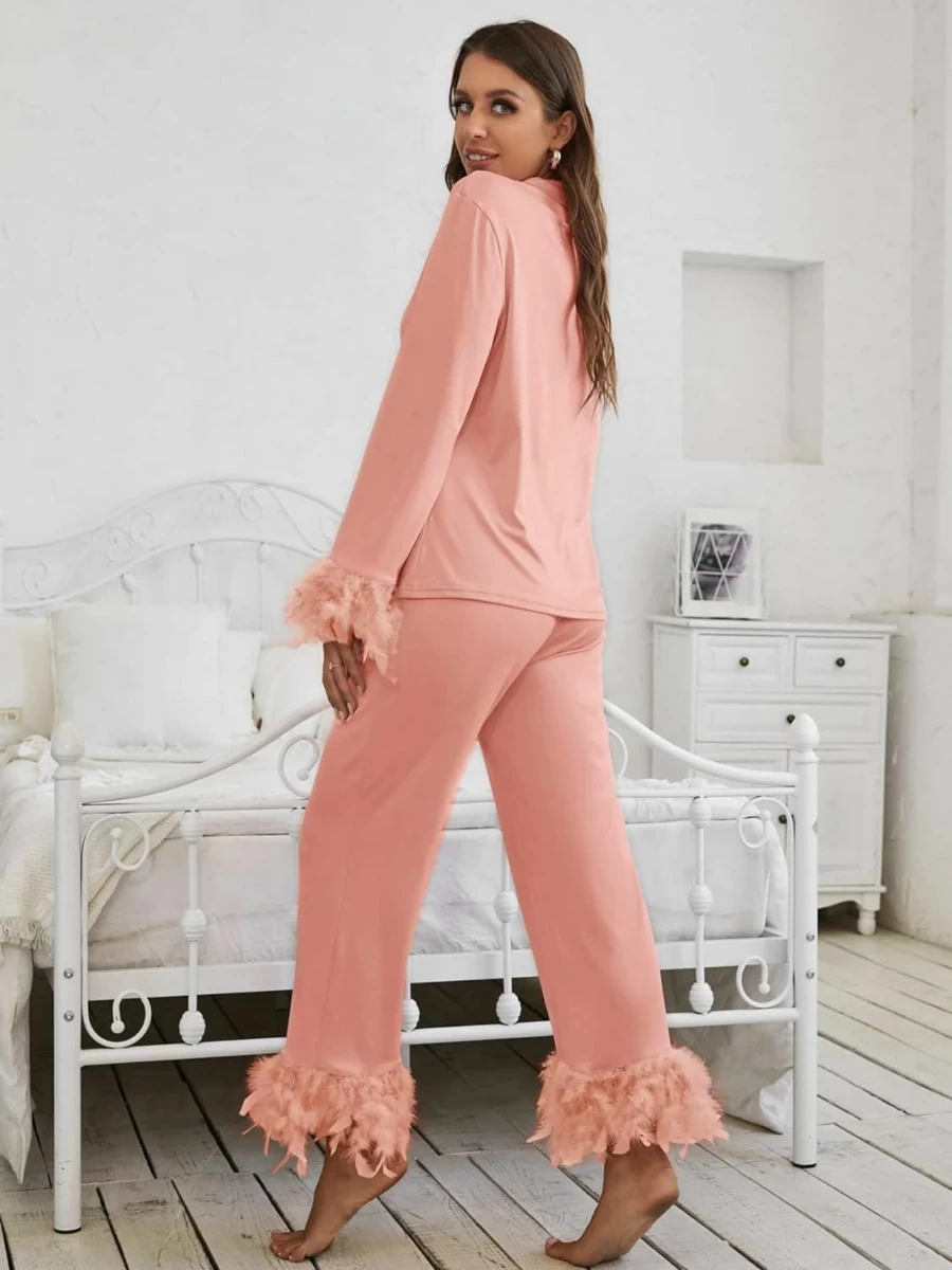 WDIRARA Women's 2-Piece Flannel Pajama Set Long Sleeve Button-Down Top & Pants Soft Sleepwear Loungewear