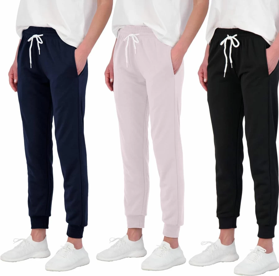 Real Essentials Women's Plus Size 3-Pack Ultra-Soft French Terry Joggers - Comfortable Cotton Lounge Pants