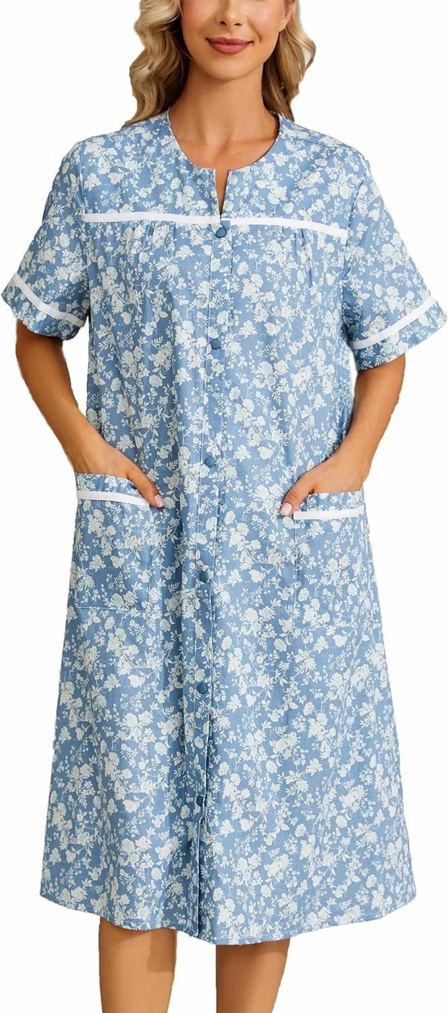 YOZLY Women's Embroidered House Dress - Short Sleeve Duster Robe with Front Pockets Comfortable Lounge Wear