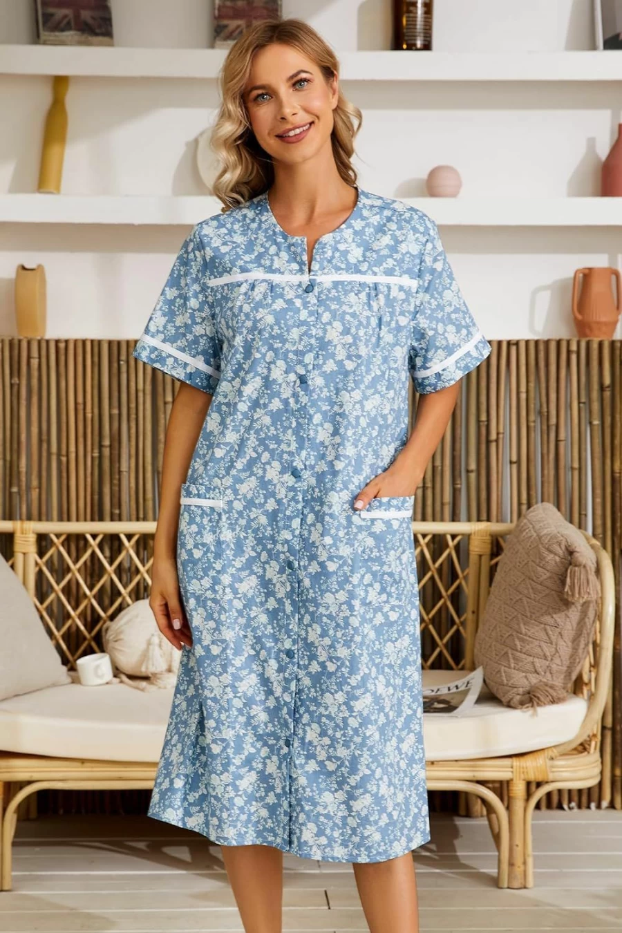 YOZLY Women's Embroidered House Dress - Short Sleeve Duster Robe with Front Pockets Comfortable Lounge Wear