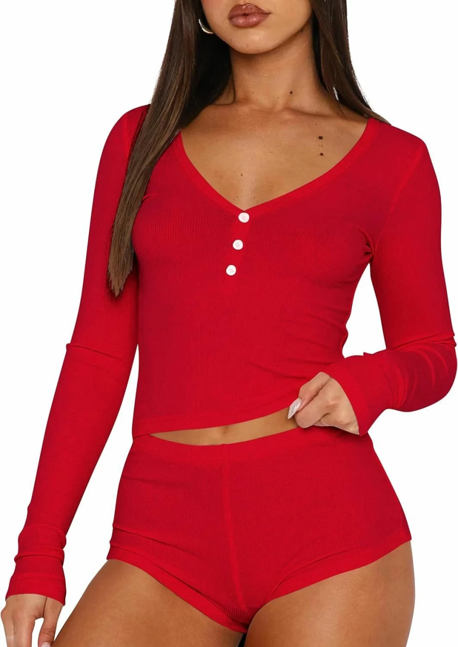 KIGRAD Women's Y2K Ribbed Pajama Set - Long Sleeve Crop Top & Shorts Lounge Sleepwear Pjs Sweatsuits