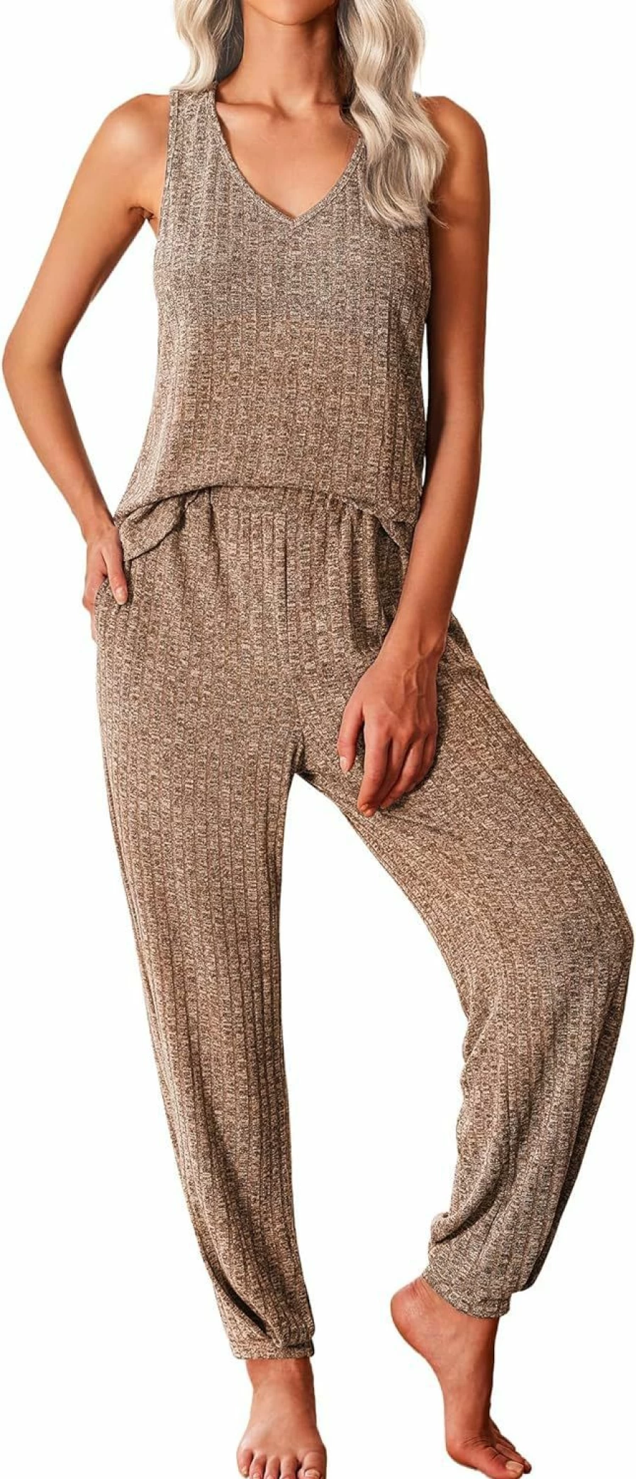 Ekouaer Women's Ribbed Knit Pajama Set - Sleeveless V-Neck Tank & Lounge Pants with Pockets (S-XXL) Comfortable 2-Piece Loungewear