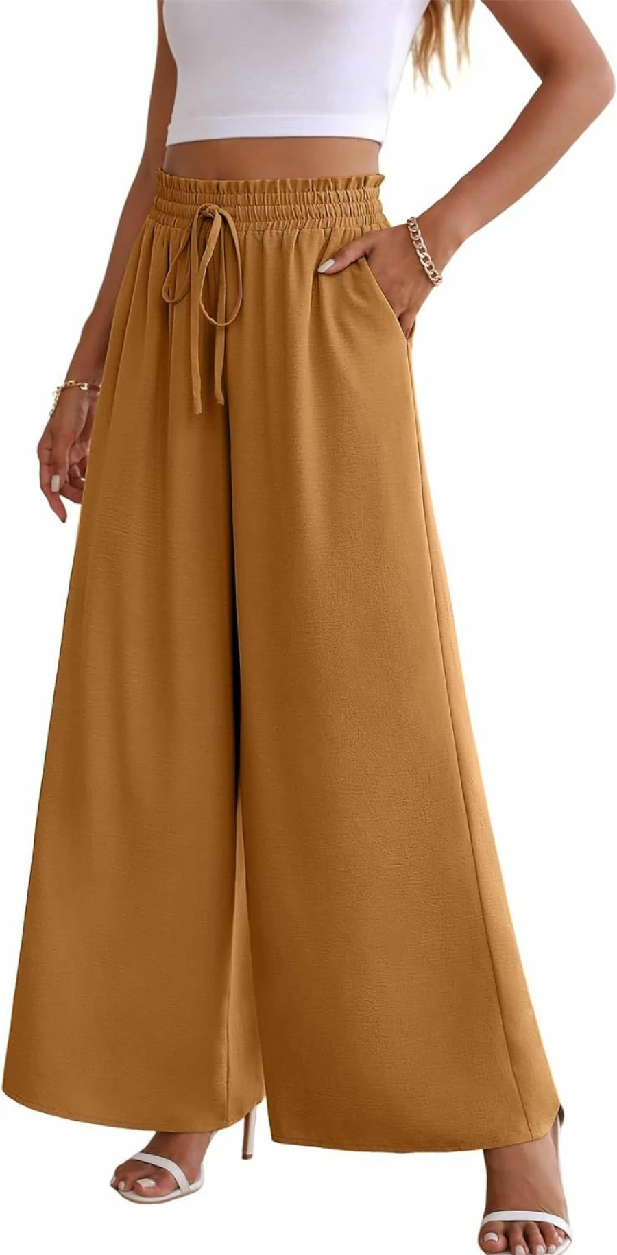 YuYukan Women's High Waisted Wide Leg Linen Palazzo Pants - Loose Flow Lounge Casual Trousers with Pockets