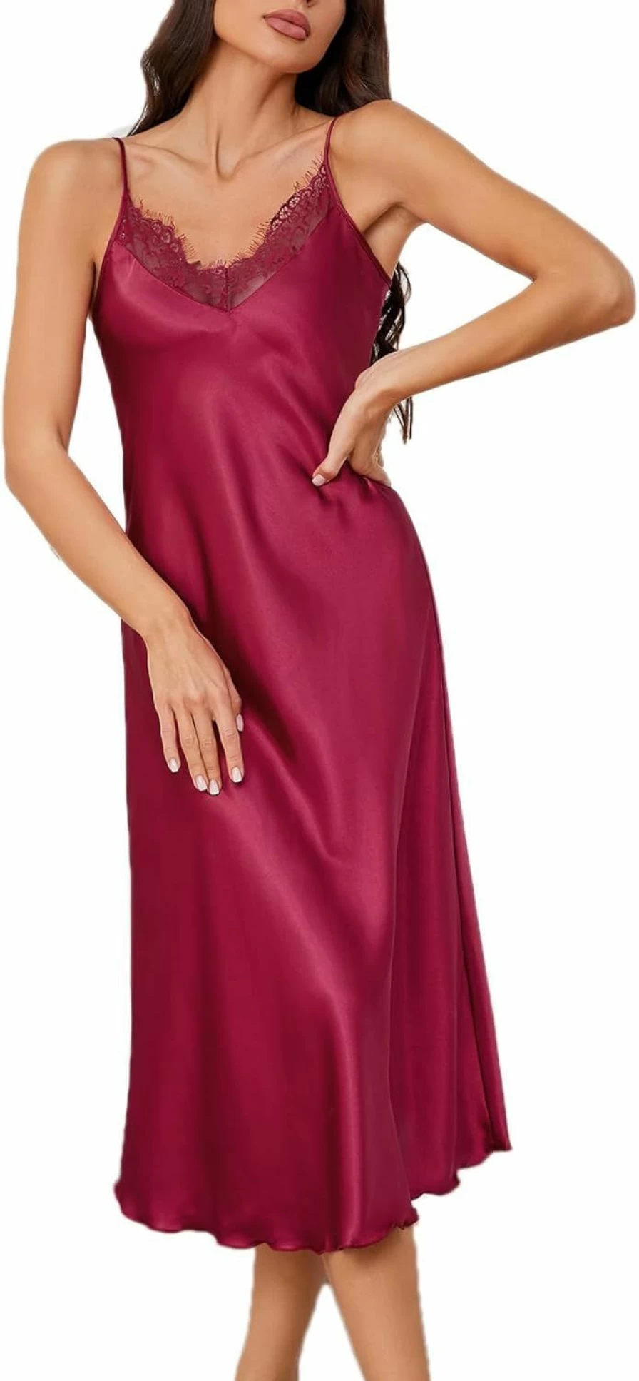 Litherday Women's Silk Satin Nightgown - Long V-Neck Slip Dress Nightie Soft Chemise Nightwear for Women