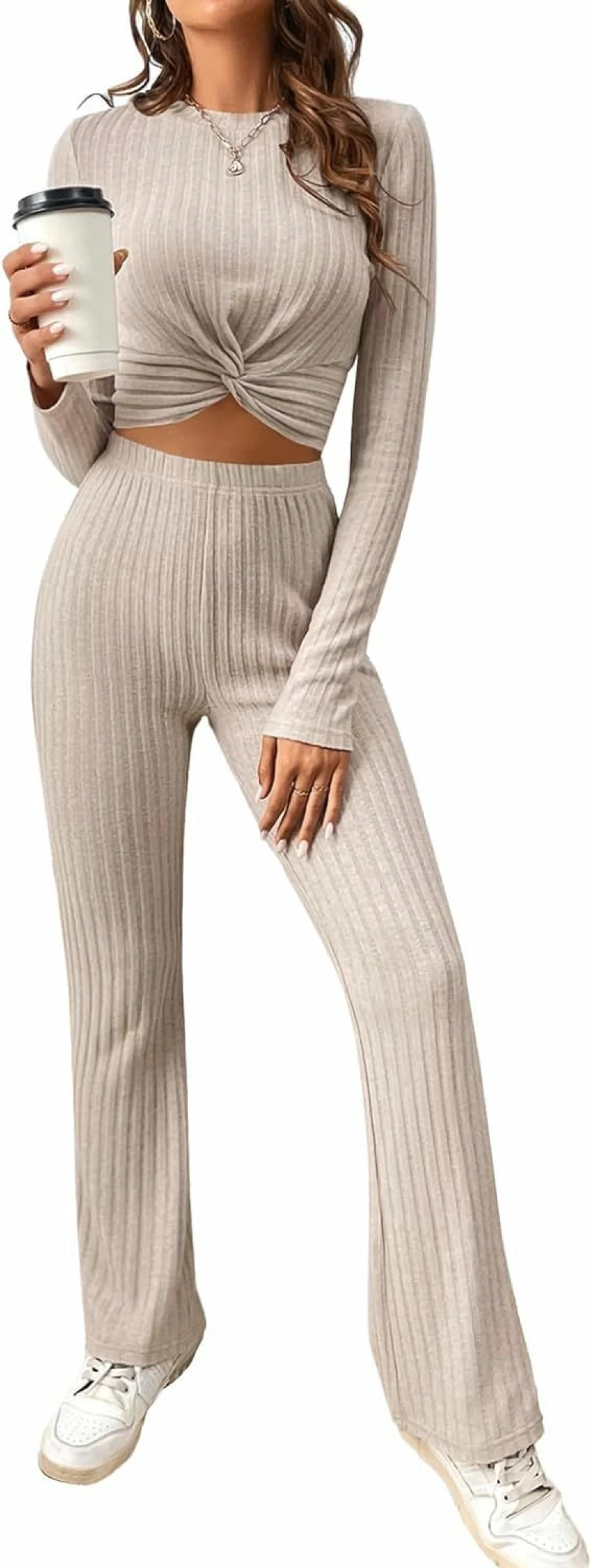 ZAFUL Women's Ribbed Knit Pajama Set - Crop Tank Top & Wide Leg Pants Lounge Wear