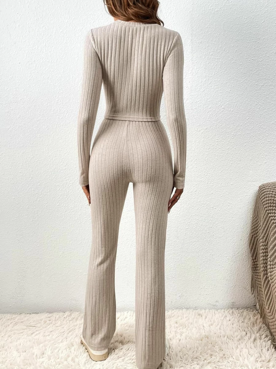 ZAFUL Women's Ribbed Knit Pajama Set - Crop Tank Top & Wide Leg Pants Lounge Wear