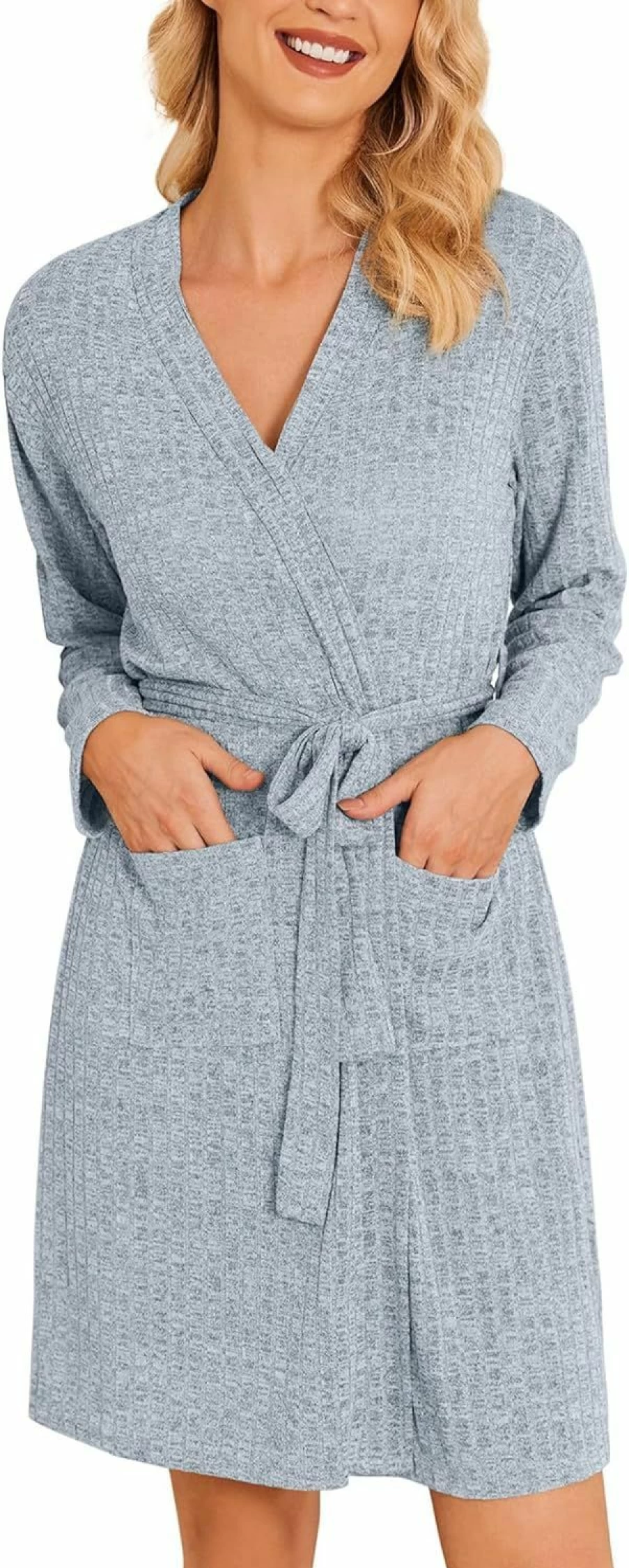 Ekouaer Women's Soft Ribbed Knit Bathrobe - Knee-Length Stretchy Sleepwear with Pockets for Comfort