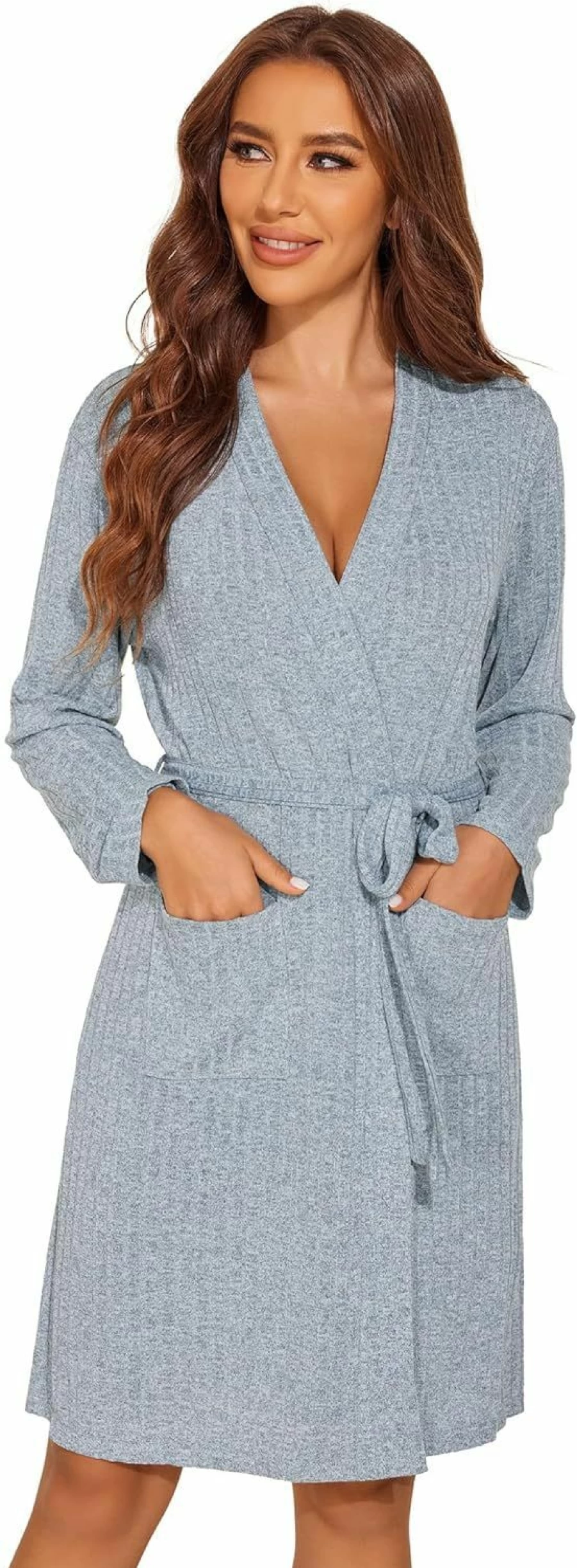 Ekouaer Women's Soft Ribbed Knit Bathrobe - Knee-Length Stretchy Sleepwear with Pockets for Comfort