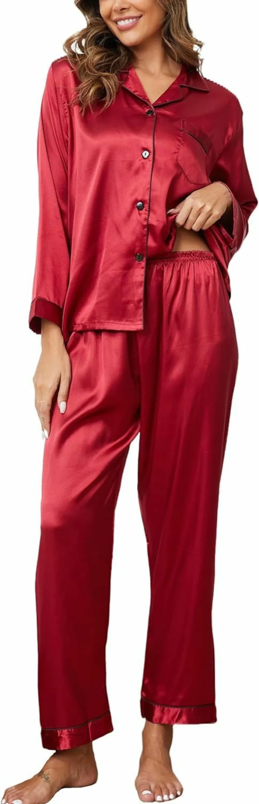 ReliWel Women's Silk Satin Pajama Set - Luxurious Button-Up Long Sleeve Sleepwear & Loungewear Two-Piece PJ Set