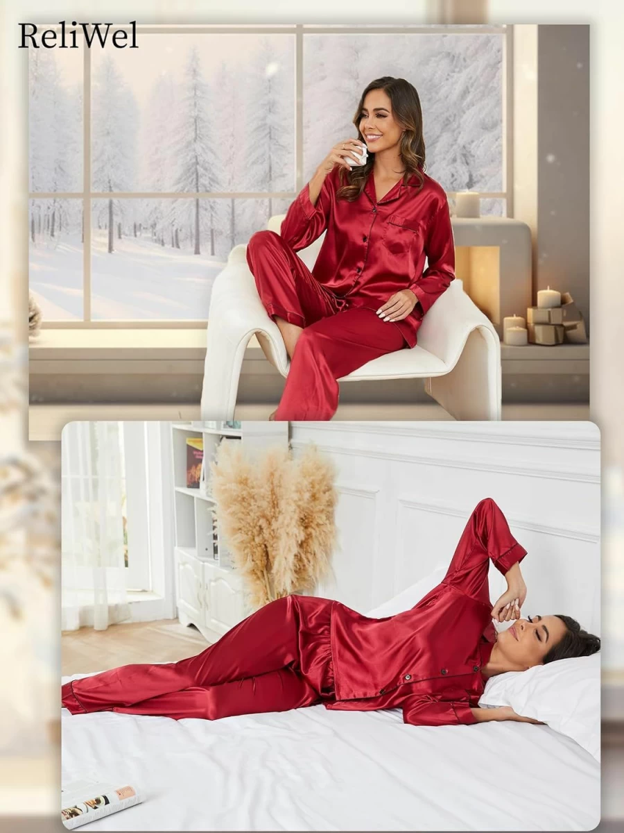 ReliWel Women's Silk Satin Pajama Set - Luxurious Button-Up Long Sleeve Sleepwear & Loungewear Two-Piece PJ Set
