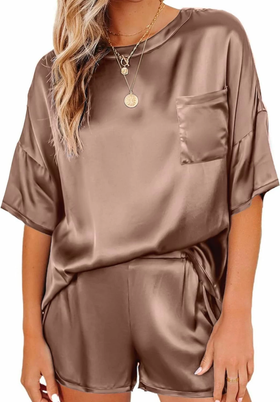 Ekouaer Women's Satin Pajama Set - Soft Short Sleeve Sleepwear Top & Comfortable Lounge Shorts for Summer