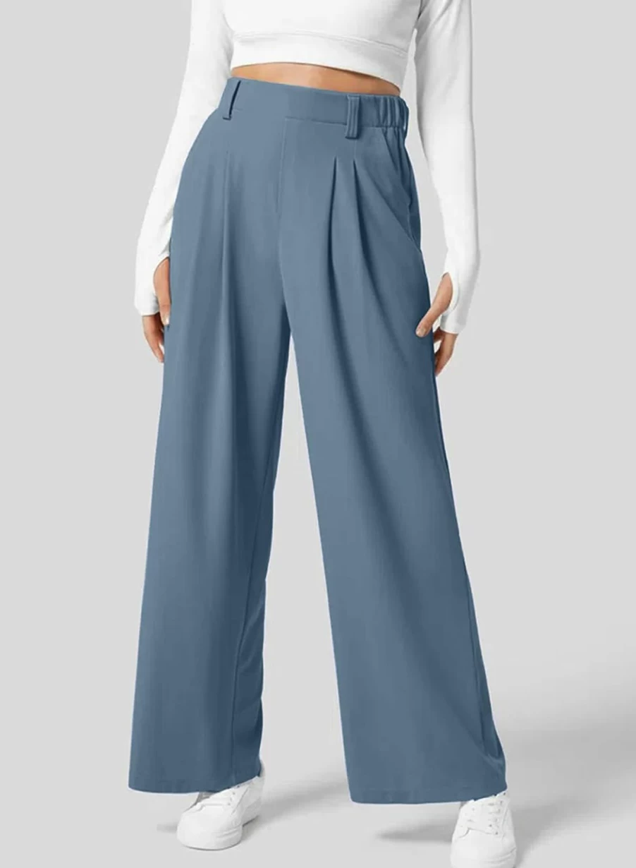 EVALESS Women's High Waisted Wide Leg Palazzo Pants - Stretchy Waffle Knit Casual Trousers with Pockets