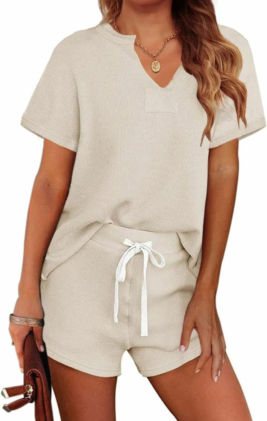 MEROKEETY Women's Summer Short Sleeve Pajama Set - Breathable Henley Top & Comfortable Shorts with Pockets for Sleepwear and Lounge