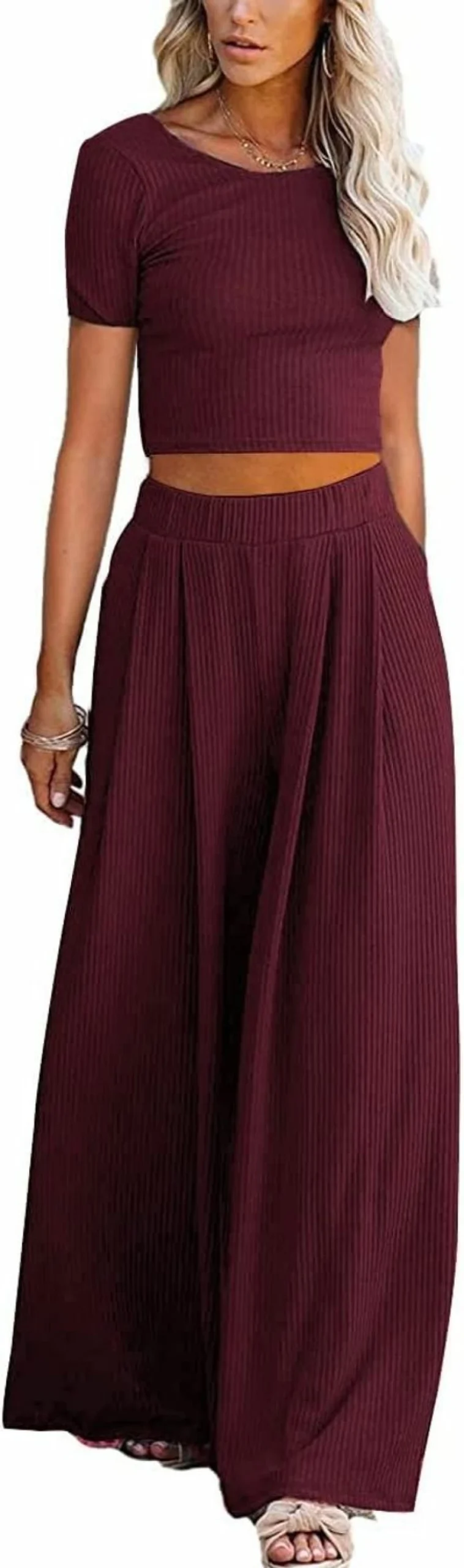 Lveberw Women's Ribbed Knit Lounge Set - Long Sleeve Crop Top & Palazzo Pants, 2-Piece Comfortable Pajama Outfit