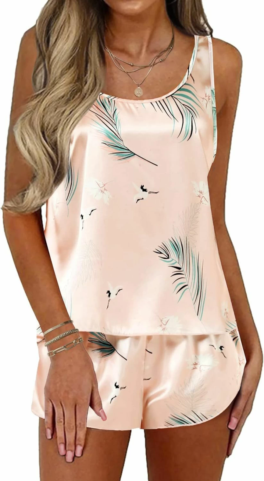 Ekouaer Women's Satin Pajama Set - Silk Tank Top & Split Back Shorts Sleepwear in S-XXL
