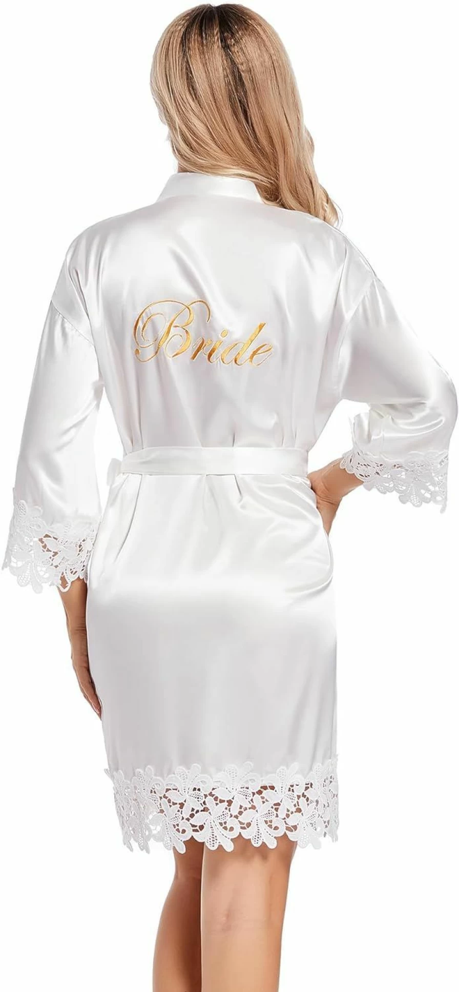 DQSSYTTX Bridal Robe for Wedding - Lace Embroidered Satin Kimono Bathrobe for Bride, Sleepwear & Bridal Party