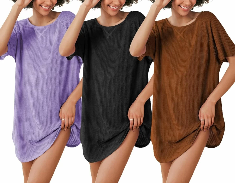 Ekouaer Women's 3-Pack Waffle Knit Sleepshirts - Short Sleeve Nightgowns & Casual Cover Ups, Sizes S-XXXL