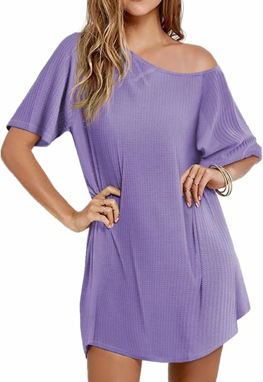 Ekouaer Women's 3-Pack Waffle Knit Sleepshirts - Short Sleeve Nightgowns & Casual Cover Ups, Sizes S-XXXL