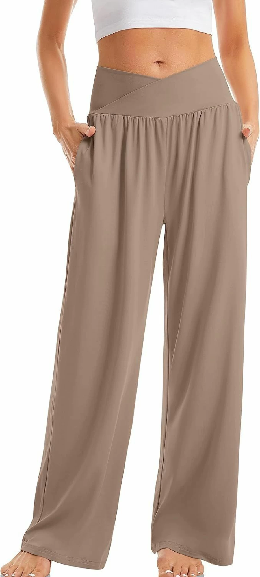 TARSE Women's High Waisted Wide Leg Yoga Pants - Loose Lounge Sweatpants with Pockets, Comfy Casual Crossover Flowy Pajama Pants