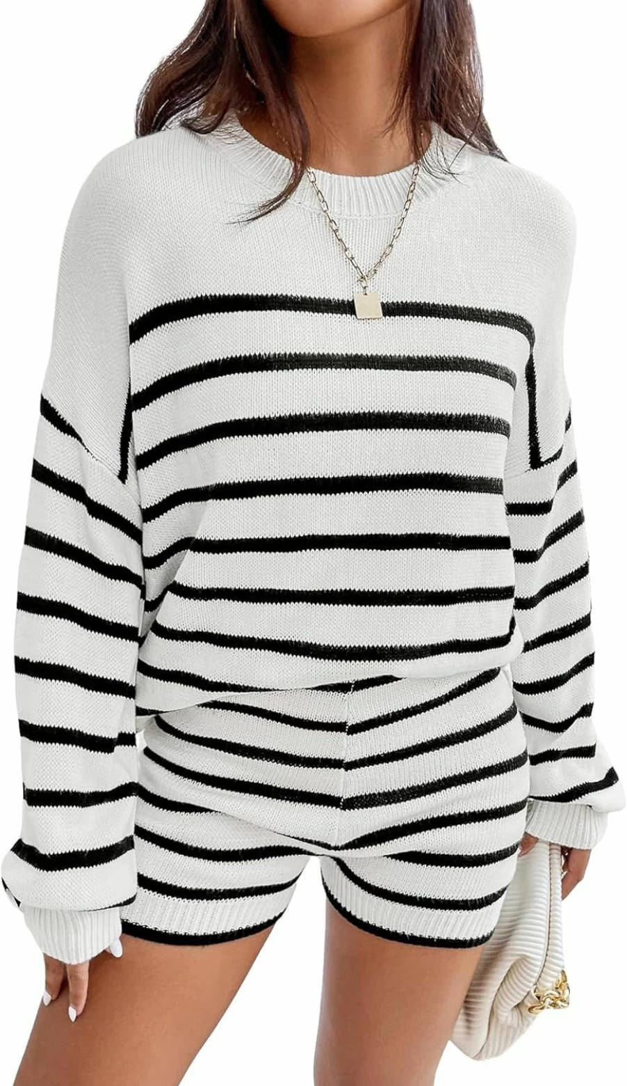 Verdusa Women's Striped Knit Sweater and Lounge Shorts 2-Piece Outfit Set