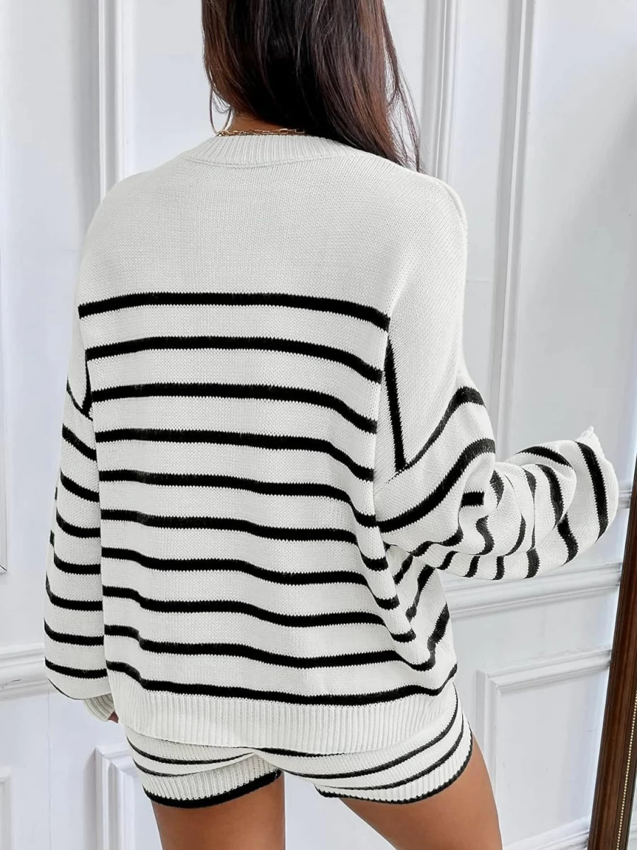Verdusa Women's Striped Knit Sweater and Lounge Shorts 2-Piece Outfit Set