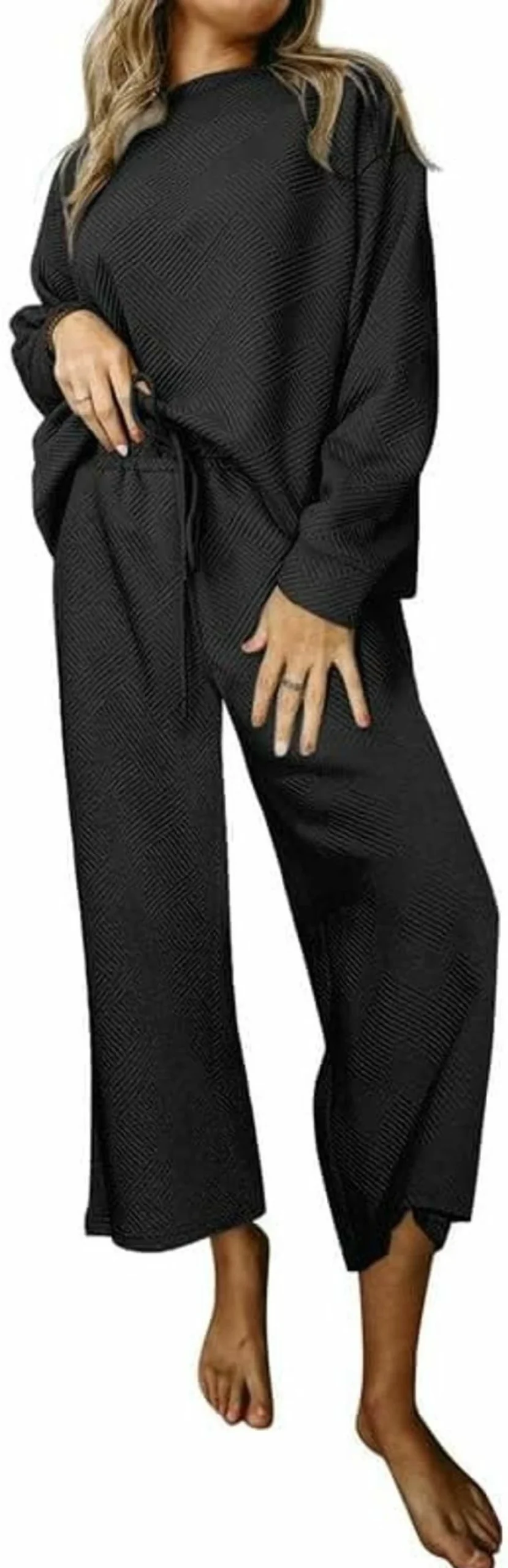 SHEWIN Women's Casual Lounge Set 2-Piece Sweatsuit Long Sleeve Pullover Top with Drawstring Wide Leg Pants