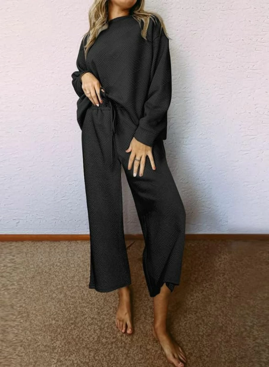 SHEWIN Women's Casual Lounge Set 2-Piece Sweatsuit Long Sleeve Pullover Top with Drawstring Wide Leg Pants