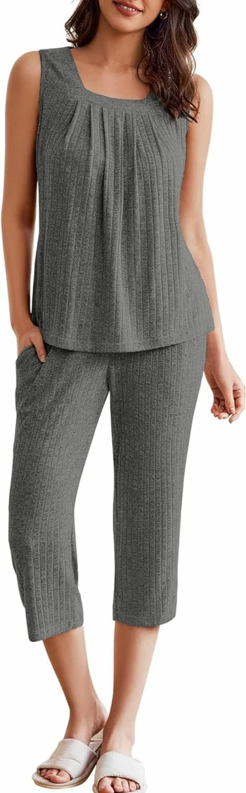 Ekouaer Women's Summer Pajama Set - Loose Fit Square Neck Sleeveless Top & Capri Pants Lounge Outfit 2-Piece Sleepwear S-3XL