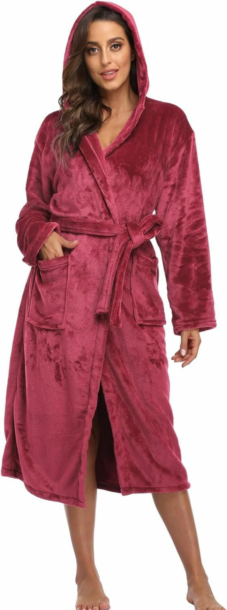 Super Shopping-zone Women's Fleece Bathrobe - Warm Plush Hooded Long Robe, Soft Luxury Dressing Gown for Winter