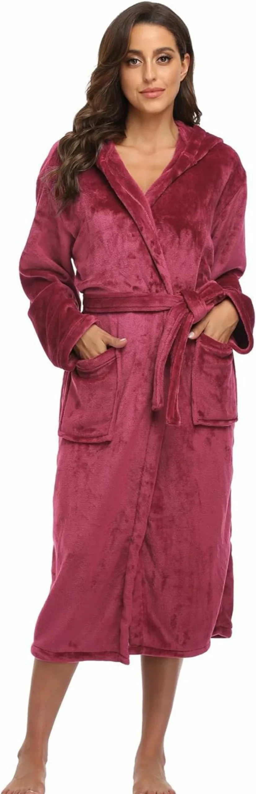 Super Shopping-zone Women's Fleece Bathrobe - Warm Plush Hooded Long Robe, Soft Luxury Dressing Gown for Winter