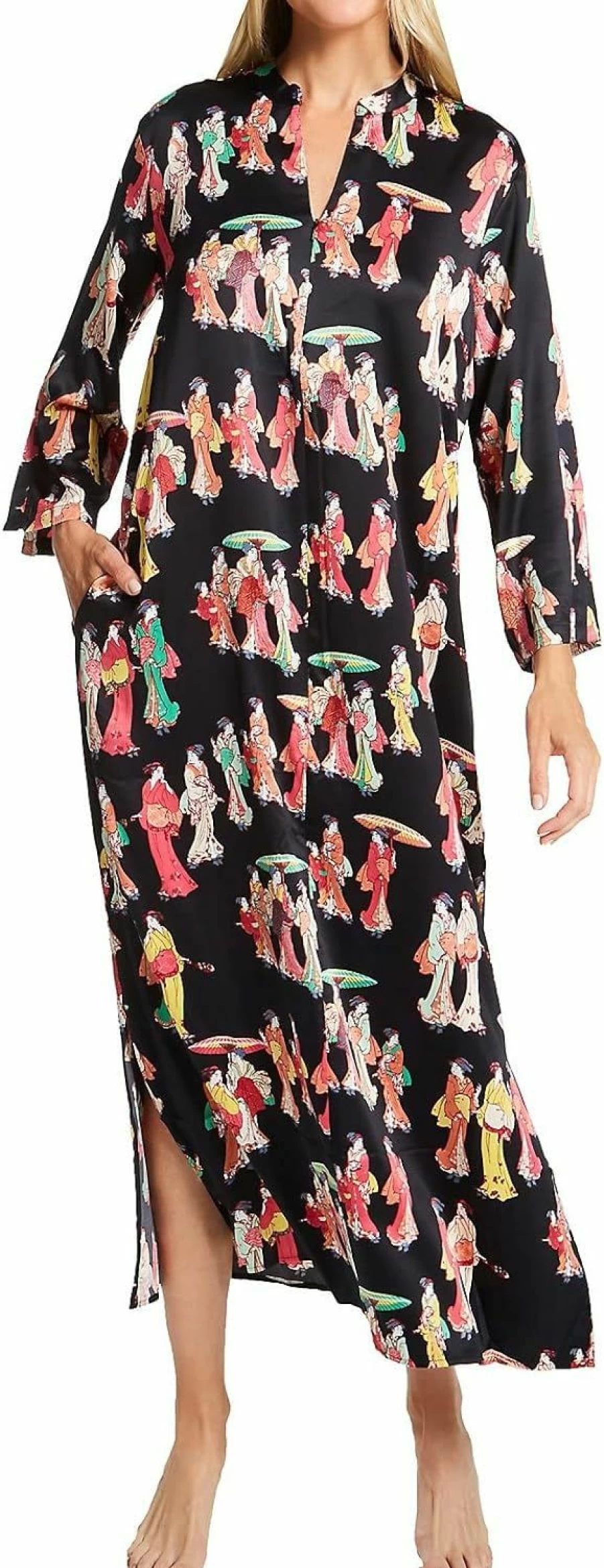 N Natori Women's Geisha-Print Satin Caftan Bathrobe - 52" Length Luxury Kimono Style Robe
