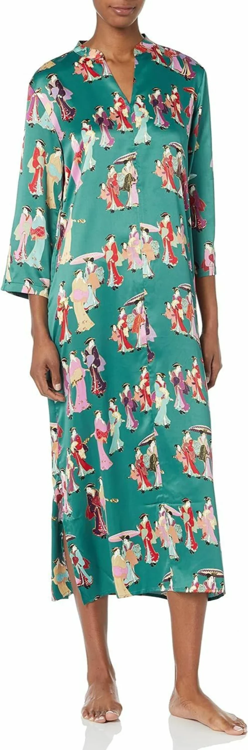 N Natori Women's Geisha-Print Satin Caftan Bathrobe - 52" Length Luxury Kimono Style Robe