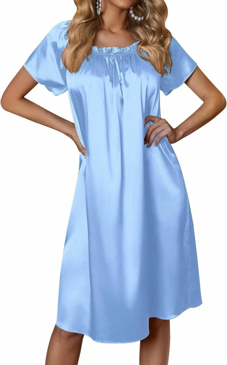 Ekouaer Women's Satin Sleep Dress - Soft Silk Nightgown with Pleated Detail, Loose Fit Short Sleeve Sleepwear for Comfort