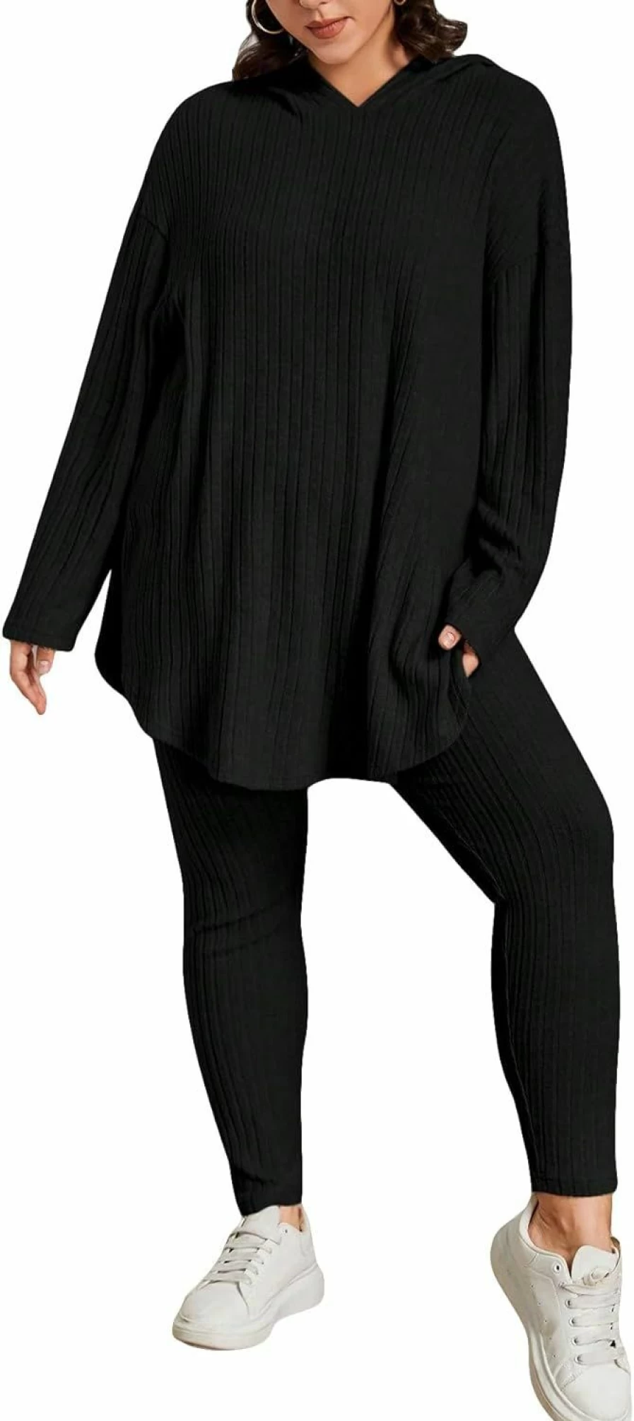 MakeMeChic Women's Plus Size Hooded Pajama Set - Long Sleeve Lounge Tops & Leggings Comfy Workout Tracksuit