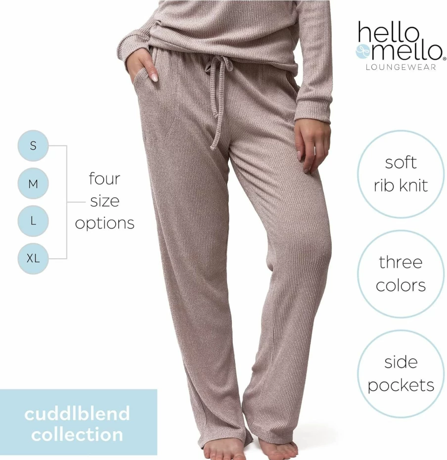Hello Mello Women's Lounge Pajama Pants - Wide Leg, Elastic Waistband, Side Pockets, Comfortable Sleepwear