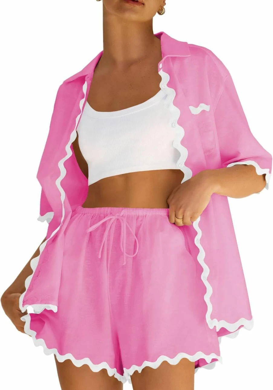 ARTFREE Women's Summer 2-Piece Loungewear Set - Short Sleeve Button Down Shirt & Comfortable Shorts for Beach & Casual Wear