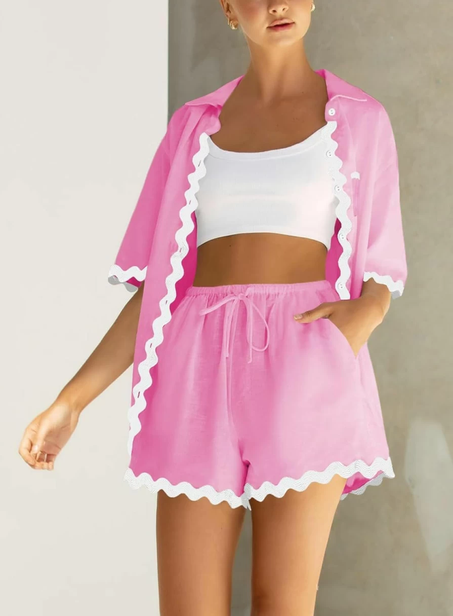 ARTFREE Women's Summer 2-Piece Loungewear Set - Short Sleeve Button Down Shirt & Comfortable Shorts for Beach & Casual Wear