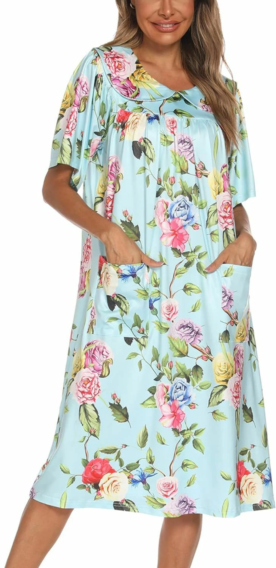 AVIIER Women's Lounge Dress - Short Sleeve Mumu House Dress with Pockets for Comfortable Patio Wear