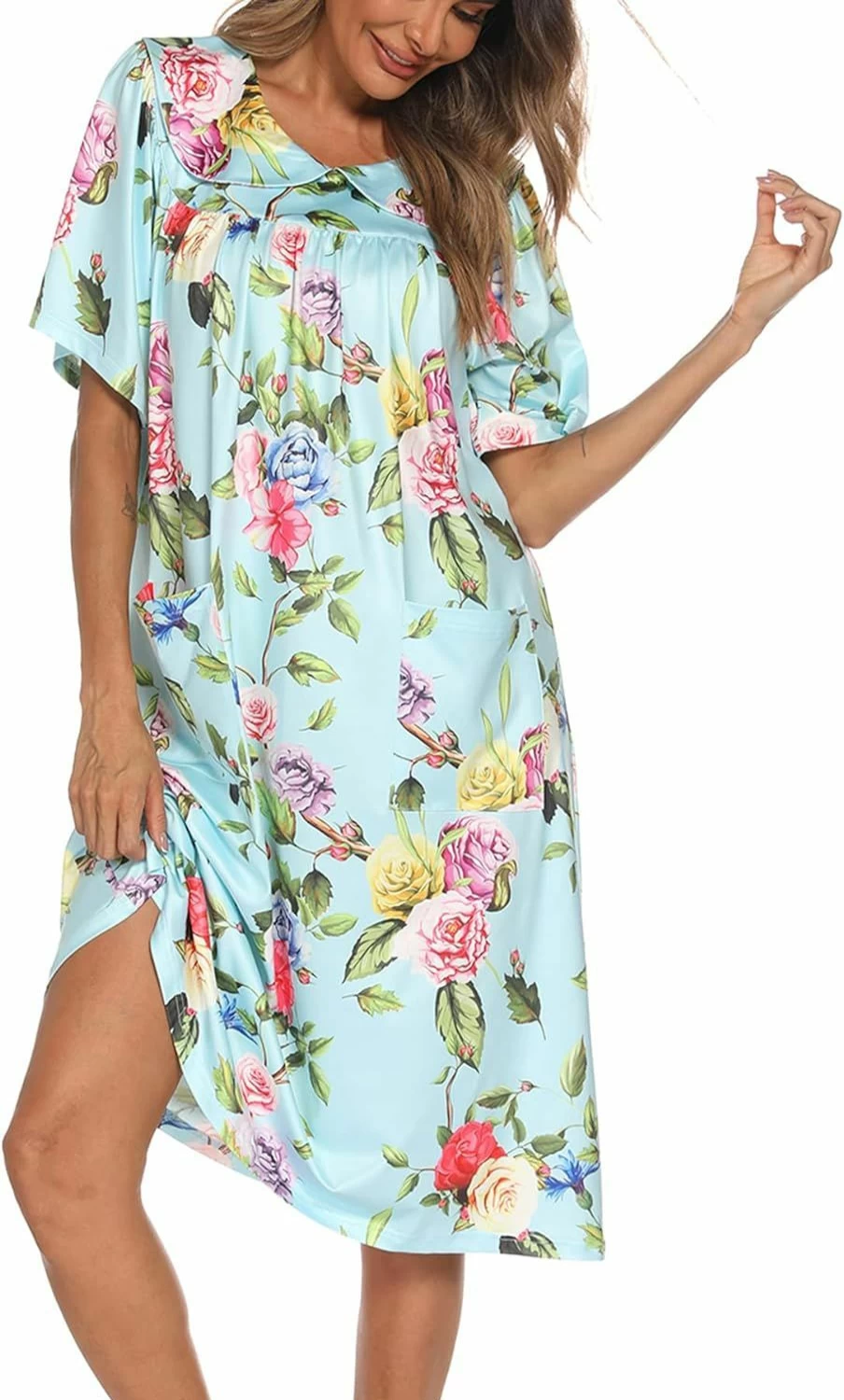 AVIIER Women's Lounge Dress - Short Sleeve Mumu House Dress with Pockets for Comfortable Patio Wear