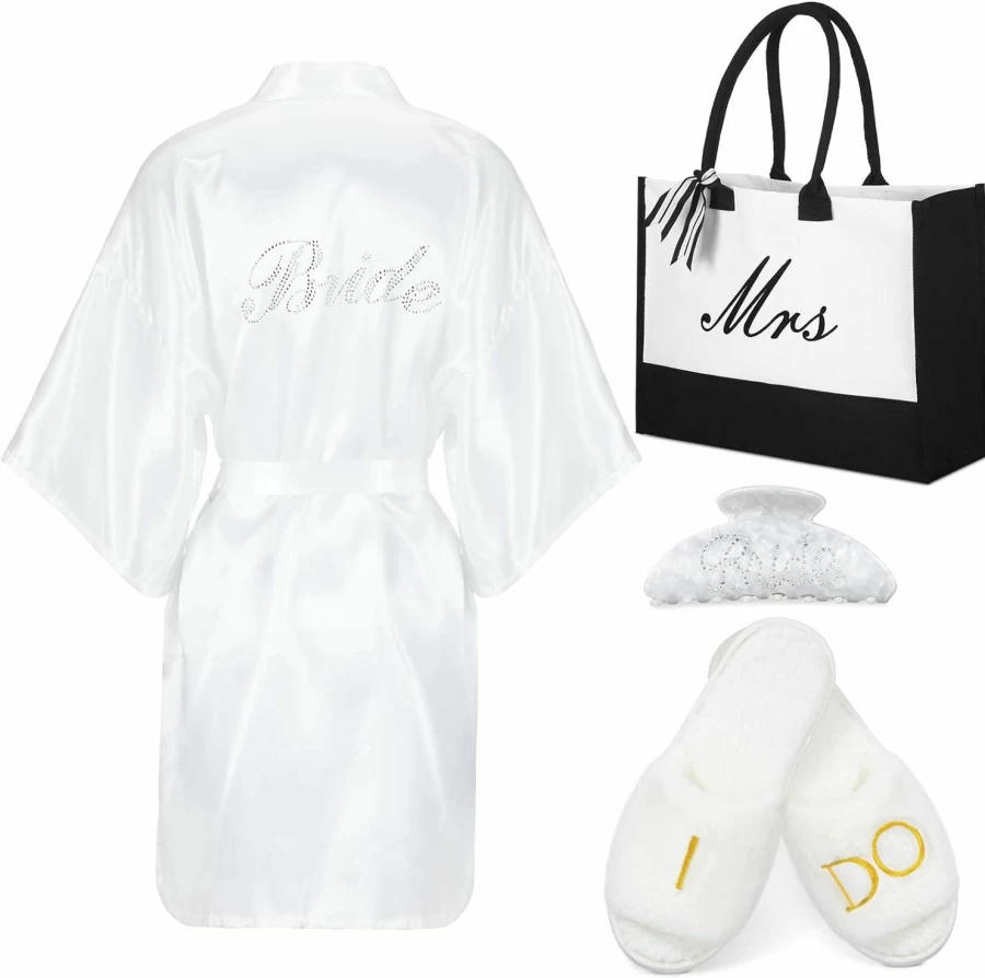 JenPen 4-Piece Bridal Gift Set - Wedding Robe, Slippers, Tote Bag & Claw Clip for Bachelorette, Engagement, Proposal Party - Rhinestone Accessories for Women