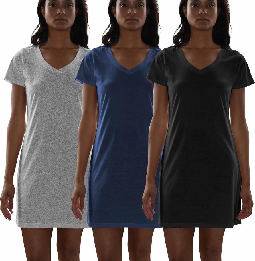 Sexy Basics Women's Soft Cotton V-Neck Sleep Shirt & Nightwear Top - Breathable Multi-Pack Loungewear