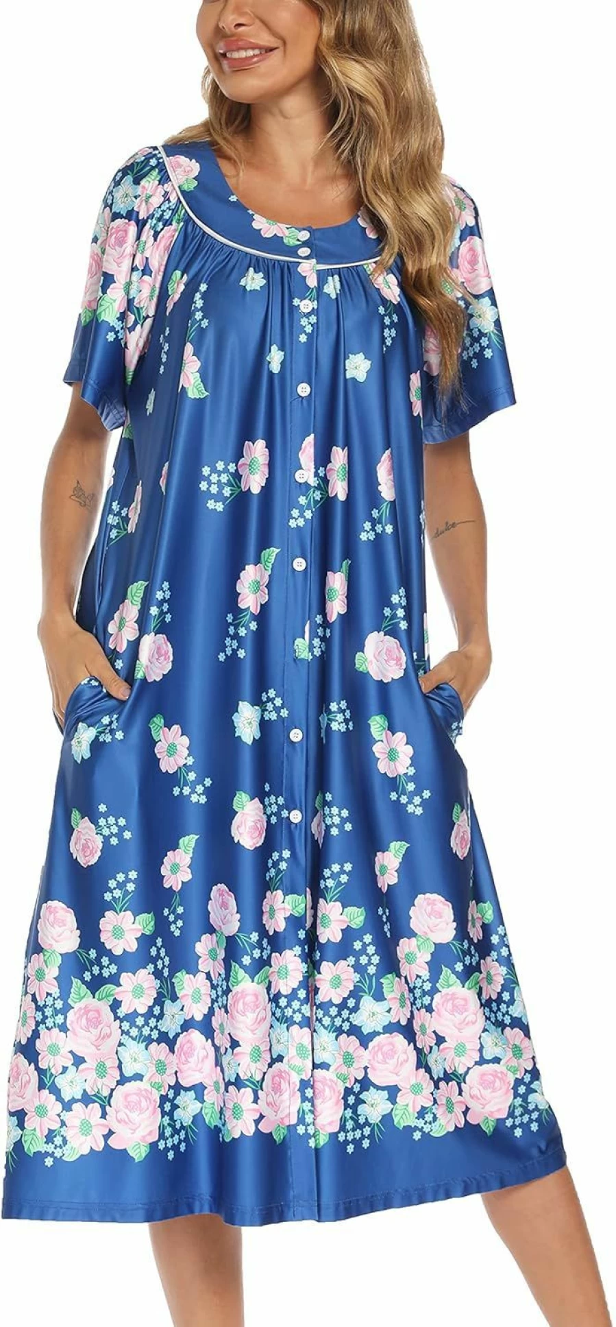 YOZLY Women's Short Sleeve House Dress with Pockets - Comfortable Mumu Duster Robe for Home Wear S-XXL