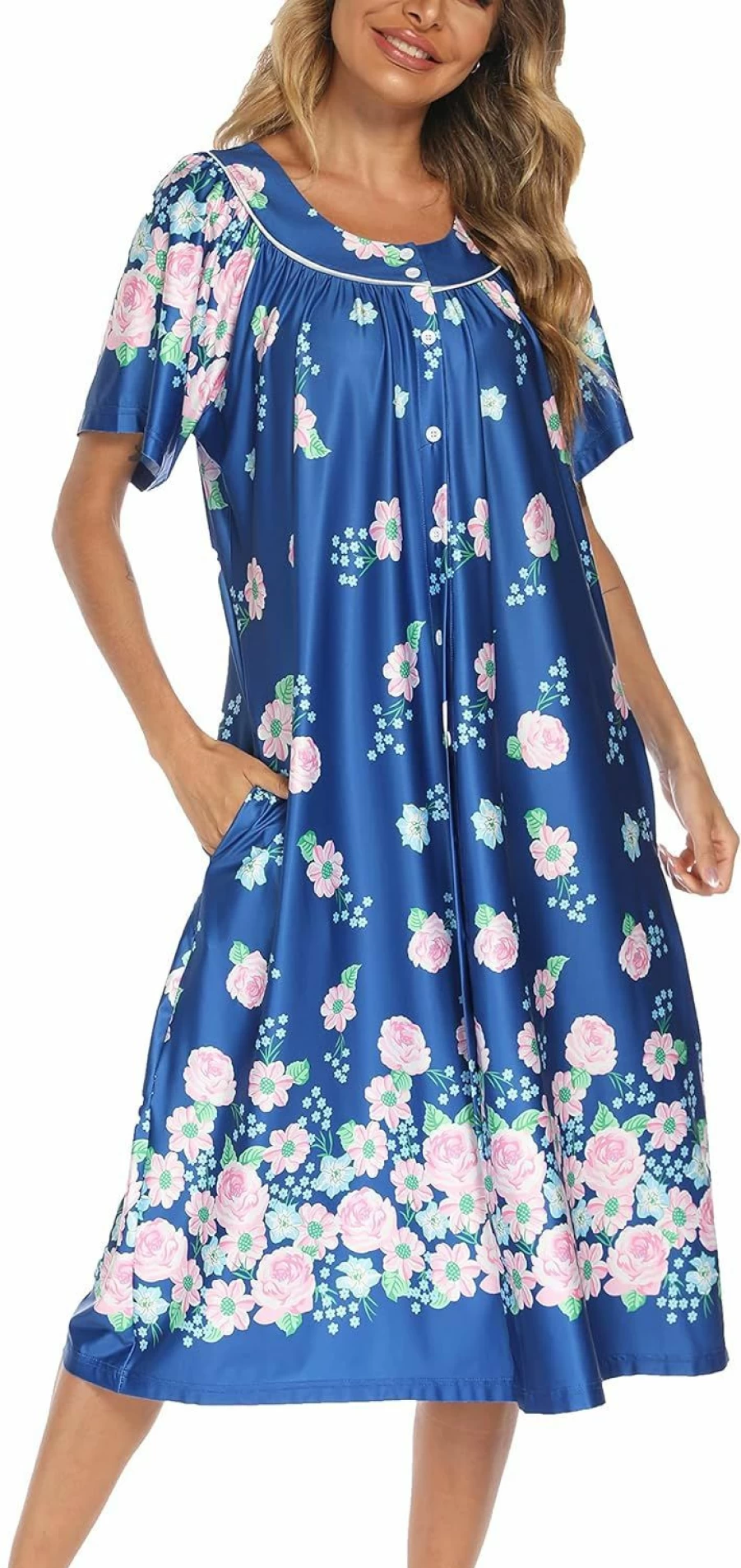YOZLY Women's Short Sleeve House Dress with Pockets - Comfortable Mumu Duster Robe for Home Wear S-XXL